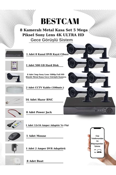 BESTCAM  8 Kameralı Metal Kasa Set 5 Mega Piksel Sony Lensli 4K Ultra HD Gece Görüşlü Sistem 500 GB Hard disk ürün görseli 1