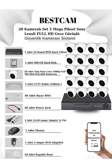 BESTCAM  20 Kameralı Set 5 Mega Piksel Sony Lensli FULL HD Gece Görüşlü Güvenlik Dome Kamera Seti 500 GB HDD ürün görseli 1