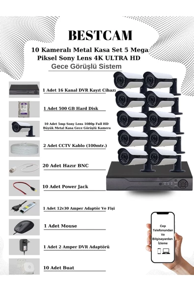 BESTCAM  10 Kameralı Metal Kasa Set 5 Mega Piksel Sony Lensli 4K Ultra HD Gece Görüşlü Sistem 500 GB HDD ürün görseli 1