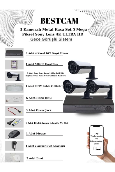 BESTCAM  3 Kameralı Metal Kasa Set 5 Mega Piksel Sony Lensli 4K Ultra HD Gece Görüşlü Sistem 500 GB Hard disk ürün görseli 1
