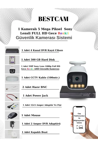 BESTCAM  1 Kameralı Set 5 Mega Piksel Sony Lensli FULL HD Gece Görüşü Renkli Güvenlik Kamera Seti 500 GB HDD ürün görseli 1