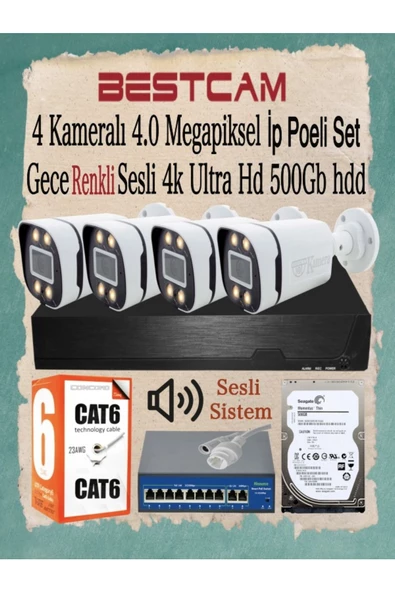 BESTCAM  4 Kameralı 4 Mega Piksel Ip Poeli Set Gece Renkli Sesli 4k Ultra Hd 500 Gb Hdd ürün görseli 1