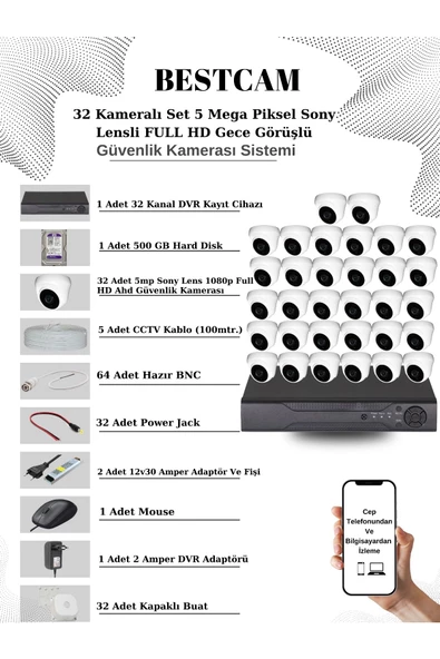 BESTCAM  32 Kameralı Set 5 Mega Piksel Sony Lensli FULL HD Gece Görüşlü Güvenlik Dome Kamera Seti 500 GB HDD ürün görseli 1