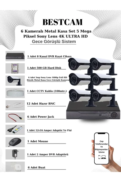 BESTCAM  6 Kameralı Metal Kasa Set 5 Mega Piksel Sony Lensli 4K Ultra HD Gece Görüşlü Sistem 500 GB Hard disk ürün görseli 1