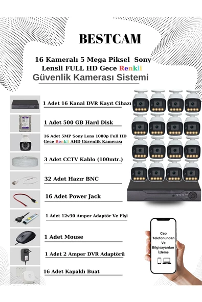 BESTCAM  16 Kameralı Set 5 Mega Piksel Sony Lensli FULL HD Gece Görüşü Renkli Güvenlik Kamera Seti 500 GB HDD ürün görseli 1