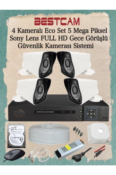 BESTCAM  4 Kameralı Eco Set 5 Mega Piksel Sony Lensli Full Hd Gece Görüşlü Güvenlik Kamerası Sistemi ürün görseli 1