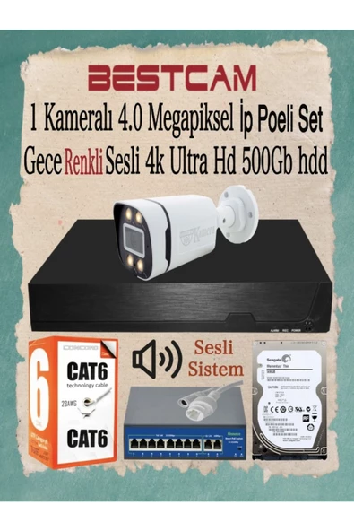 BESTCAM  1 Kameralı 4 Mega Piksel Ip Poeli Set Gece Renkli Sesli 4k Ultra Hd 500 Gb Hdd ürün görseli 1