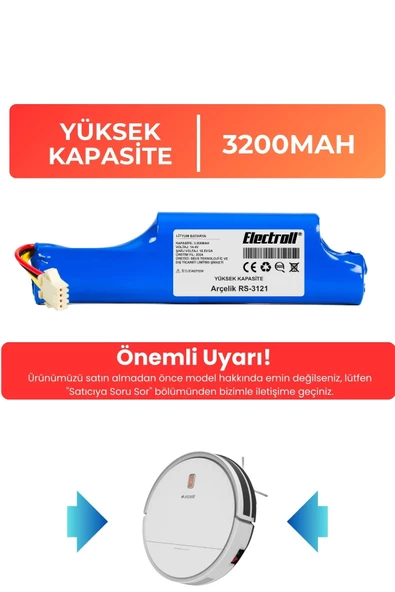 Arçelik Rs 3121 Robot Süpürge Bataryası (YÜKSEK KAPASİTE) 3200mAh Robot Süpürge Pil ürün görseli 1