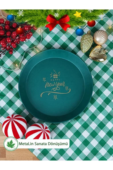 Yeşil Yılbaşı Sunum Tepsi 24 cm, Servis Tepsisi, Kahve Tepsisi, Happy New Year Baskılı ürün görseli 1