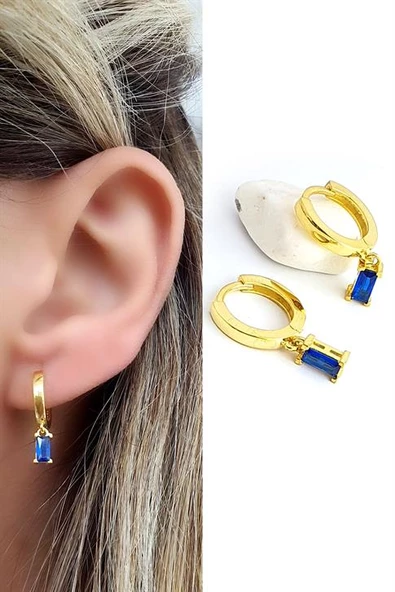 Lacivert Baget Zirkon Taşlı 925Ayar Gümüş Üzerine Altın Kaplama Luxury Tasarım Sallantılı Minimal Küpe ürün görseli 1