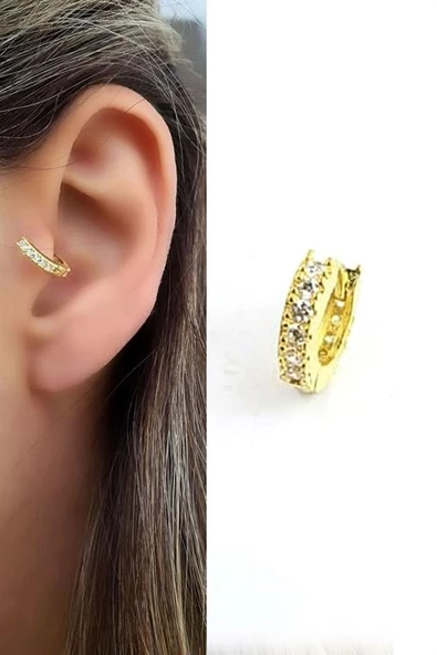 Zirkon Taş Detaylı 925Ayar Gümüş Üzerine Altın Kaplama Helis Tragus Kıkırdak Halka Piercing ürün görseli 1