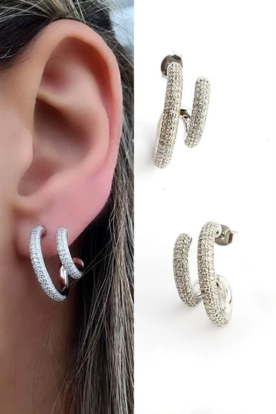 İtalyan Tasarımı 925Ayar Gümüş Zirkon Taşlı Tasarım Küpe Cap 2 Cm ürün görseli 1