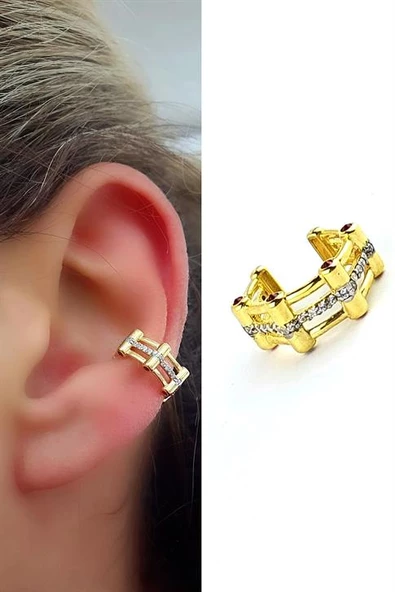 Fuşya Pembe Zirkon Taşlı 925Ayar Gümüş Üzerine Altın Kaplama Luxury Tasarım Sıkıştırmalı Kıkırdak Küpesi ürün görseli 1