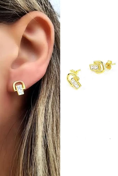 Baget Zirkon Taşlı 925Ayar Gümüş Üzerine Altın Kaplama Luxury Tasarım Minimal Küpe ürün görseli 1