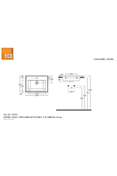 Ece Banyo Linea 56 Cm Lavabo - Resim 2