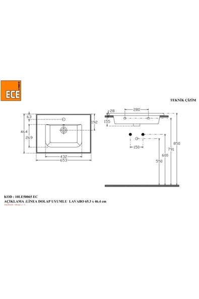 Ece Banyo Linea 65 Cm Lavabo - Resim 2
