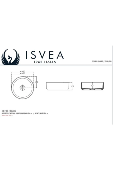 İsvea Infinity Tezgahüstü Lavabo 36Cm - Resim 3