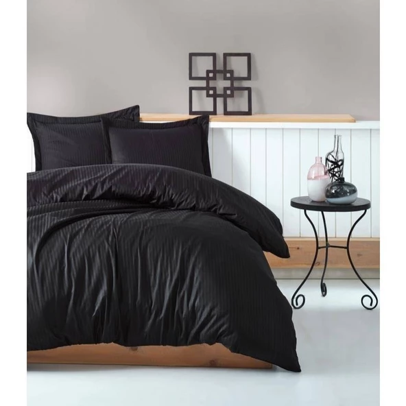Cotton Box Elegant Stripe Saten Çift Kişilik Nevresim Takımı Siyah ürün görseli 1