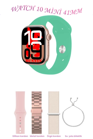 Samsung Galaxy S24 Ultra Uyumlu Su Yeşili Akıllı Saat Watch 10 Mini Kordon Hediyeli AMOLED EKRAN 41MM ürün görseli 1