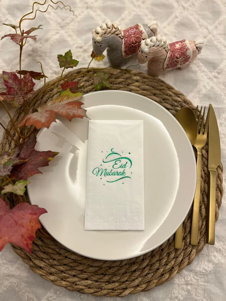 Yeşil Yaldızlı Beyaz Eid Mubarak Peçete 16 lı ürün görseli 1