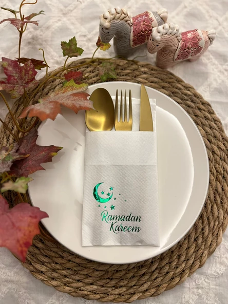 Yeşil Yaldızlı Ramadan Kareem Ay Desenli 12 li Beyaz Renkli Kağıt Cepli Peçete ürün görseli 1