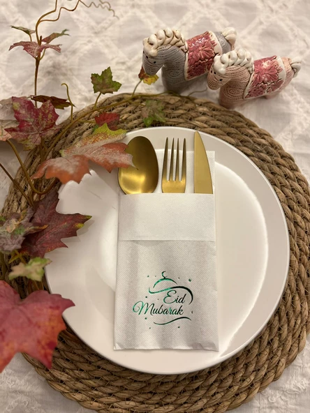 Yeşil Yaldızlı Beyaz Eid Mubarak Cepli Peçete 12 lı 40x40 ürün görseli 1
