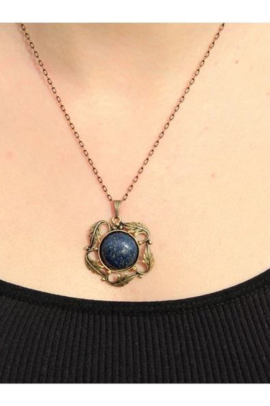 Doğal Taş Lapis Doğal Taşlı Otantik Kadın Yuvarlak Kolye 45 Cm Zincirli euyk1ls ürün görseli 1