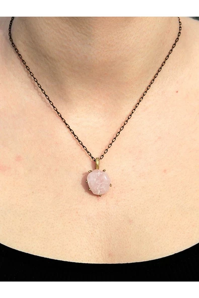 Doğal Taş Pembe Kuvars Doğal Taşlı Kadın Zincirli Kolye Aşk ve Sevgi Taşı euk3pk ürün görseli 1