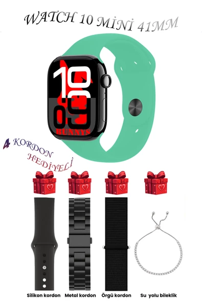 Bunnys Samsung Galaxy M13 Uyumlu Su Yeşili Akıllı Saat Watch 10 Mini Kordon Hediyeli AMOLED EKRAN 41MM ürün görseli 1