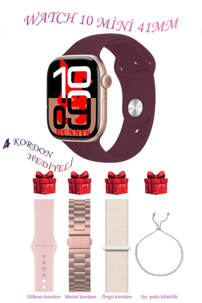 Bunnys Apple iPhone 14 PRO MAX Uyumlu Bordo Akıllı Saat Watch 10 Mini Kordon Hediyeli AMOLED EKRAN 41MM ürün görseli 1