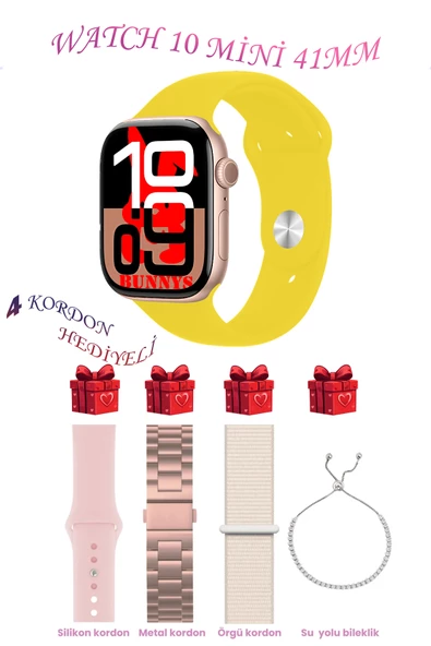 Bunnys Samsung Galaxy M51 Uyumlu Sarı Akıllı Saat Watch 10 Mini Kordon Hediyeli AMOLED EKRAN 41MM ürün görseli 1