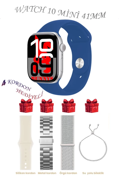 Bunnys Samsung Galaxy M52 Uyumlu Mavi Akıllı Saat Watch 10 Mini Kordon Hediyeli AMOLED EKRAN 41MM ürün görseli 1