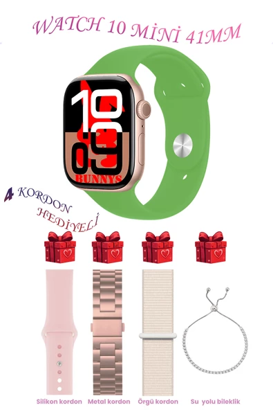 Bunnys Apple iPhone XR Uyumlu Yeşil Akıllı Saat Watch 10 Mini Kordon Hediyeli AMOLED EKRAN 41MM ürün görseli 1