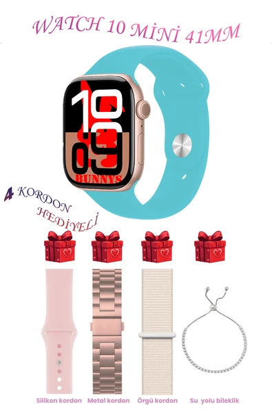 Bunnys Huawei P50 Pocket Uyumlu Turkuaz Akıllı Saat Watch 10 Mini Kordon Hediyeli AMOLED EKRAN 41MM ürün görseli 1