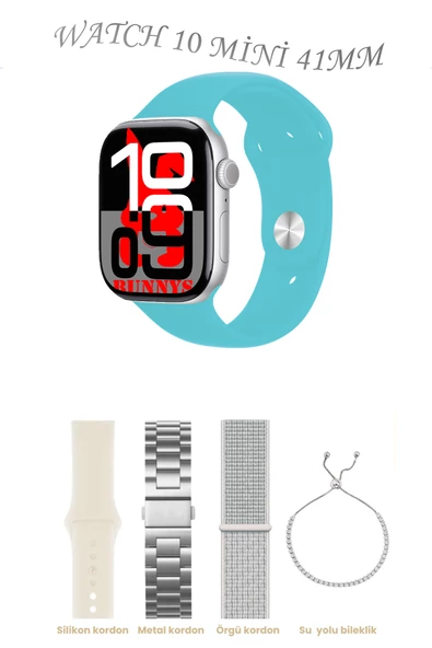 Bunnys Oppo A54 Uyumlu Turkuaz Akıllı Saat Watch 10 Mini Kordon Hediyeli AMOLED EKRAN 41MM ürün görseli 1
