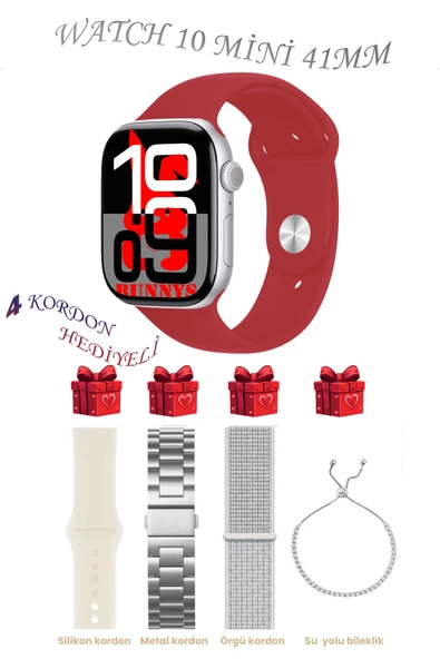 Bunnys Oppo A55s Uyumlu Kırmızı Akıllı Saat Watch 10 Mini Kordon Hediyeli AMOLED EKRAN 41MM ürün görseli 1