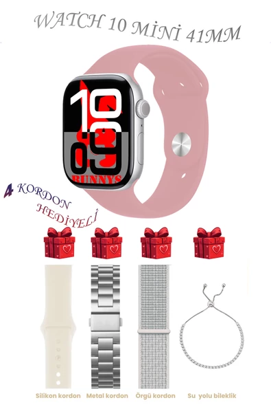 Bunnys Samsung Galaxy A10 Uyumlu TozPembe Akıllı Saat Watch 10 Mini Kordon Hediyeli AMOLED EKRAN 41MM ürün görseli 1