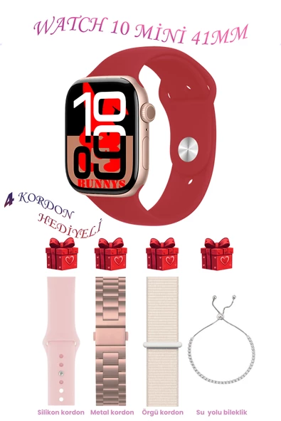 Bunnys Samsung Galaxy A70 Uyumlu Kırmızı Akıllı Saat Watch 10 Mini Kordon Hediyeli AMOLED EKRAN 41MM ürün görseli 1