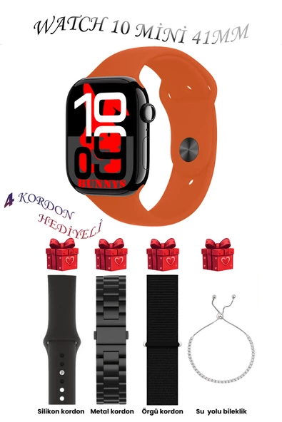 Bunnys Apple iPhone 14 Plus Uyumlu Turuncu Akıllı Saat Watch 10 Mini Kordon Hediyeli AMOLED EKRAN 41MM ürün görseli 1