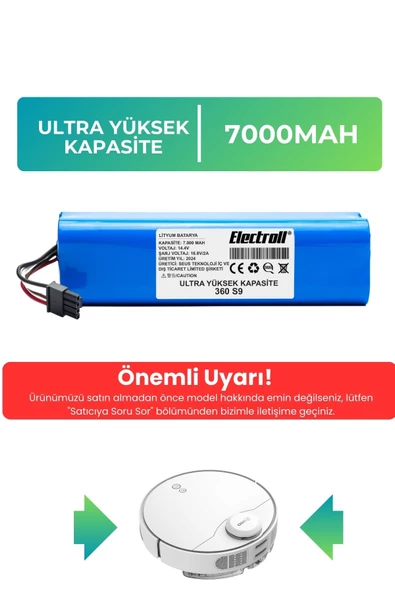 360 S9 Uyumlu Batarya (ULTRA YÜKSEK KAPASİTE) 7000mah Pil Robot Süpürge Batarya Değişimi ürün görseli 1