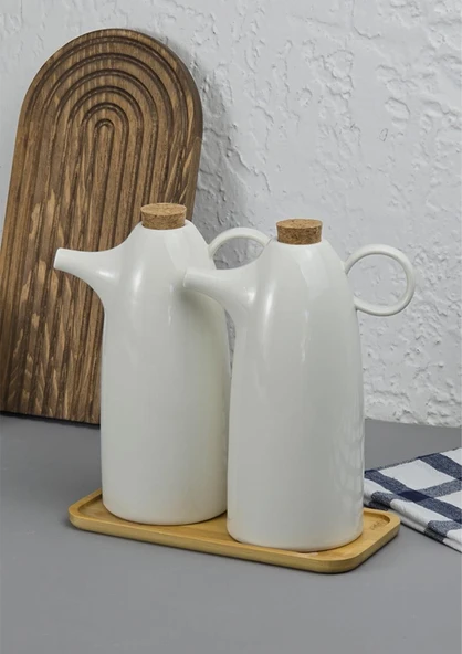 2'li Porselen Yağdanlık Seti - Bambu Altlıklı Yağlık Takımı - Mantar Kapak - 2x500 ML ürün görseli 1