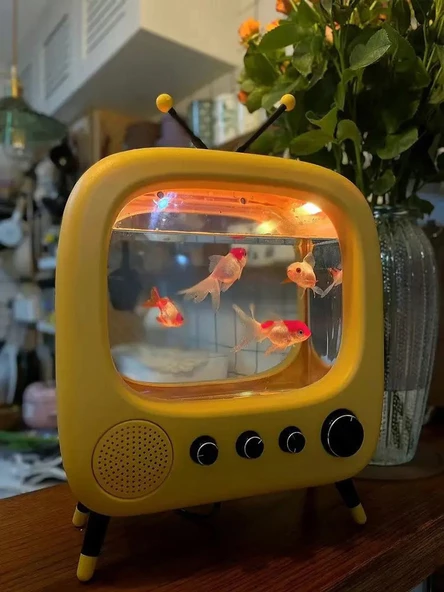 Monozone Tv Şekilli Işıklı Mini Akvaryum Beta Balık Tankı Led Aydınlatma Termostatik Isıtma Vintage ürün görseli 1