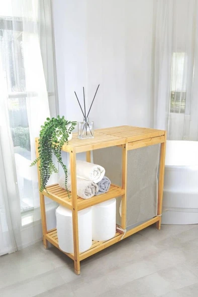 Digithome Bambu 3 Raflı Kumaş Sepetli Banyo Düzenleyici Kirli Çamaşır Sepeti DB-0046 ürün görseli 1