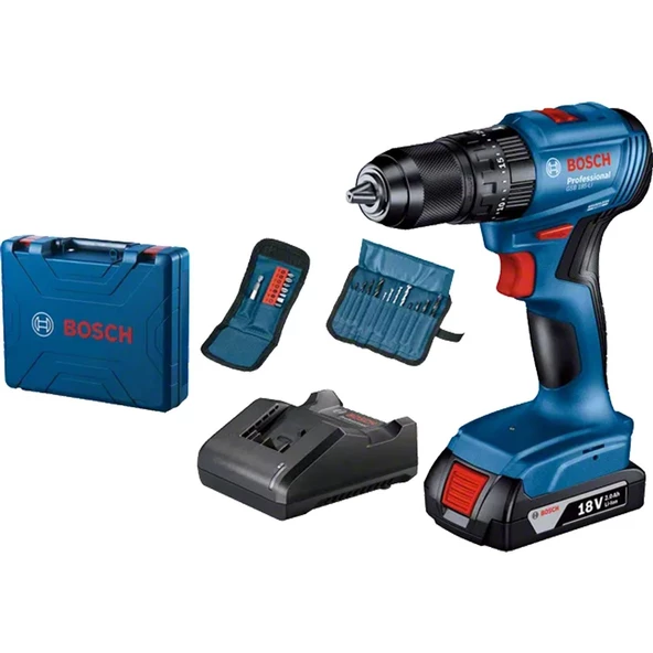 Bosch Professional GSB 185-LI Tek Akülü 2.0 Ah Kömürsüz Motor Darbeli Vidalama + 23 Parça Aksesuar Seti - 06019K3102 ürün görseli 1