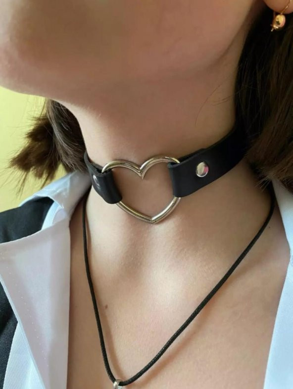 Siyah Deri Tasma Kalp 35 cm Choker Bayan Kolye Takı ürün görseli 1