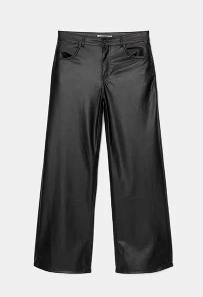 Pull & Bear Geniş paça suni deri pantolon - Resim 5