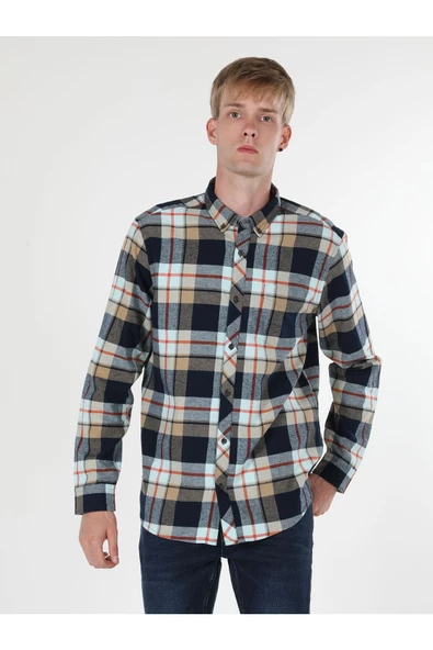 Colins Regular Fit Kareli Lacivert Erkek Uzun Kol Gömlek Cl1060907 ürün görseli 1