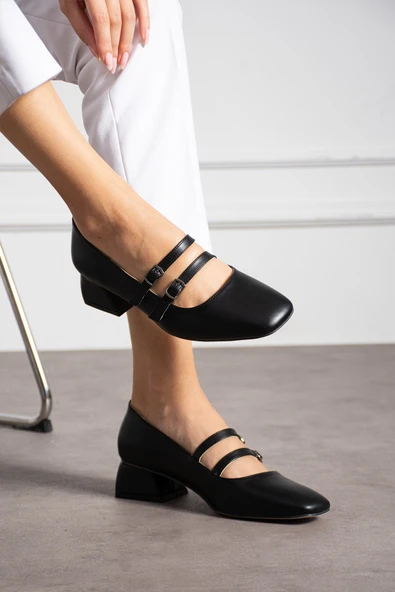 Albishoes Kadın Kare Topuk Küt Burunlu Çift Bantlı Klasik Ofis Günlük Şık Topuklu Ayakkabı (36-44) ürün görseli 1
