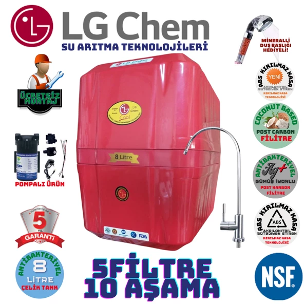 LG Chem COOL KIRMIZI POMPALI MONTAJ DAHİL 8 LİTRE 5 FİLTRE 10 AŞAMA SU ARITMA CİHAZI ürün görseli 1