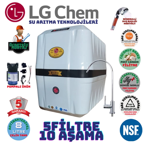 LG Chem COOL BEYAZ  SİYAH POMPALI MONTAJ DAHİL 8 LİTRE 5 FİLTRE 10 AŞAMA SU ARITMA CİHAZI ürün görseli 1